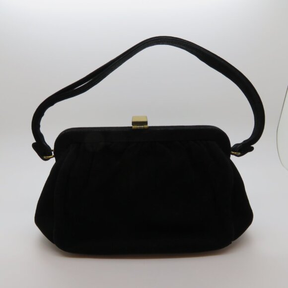 Vintage Handheld Black Suede Velvet Purse Bag Evening Top Handle Gold Clasp - Picture 4 of 12